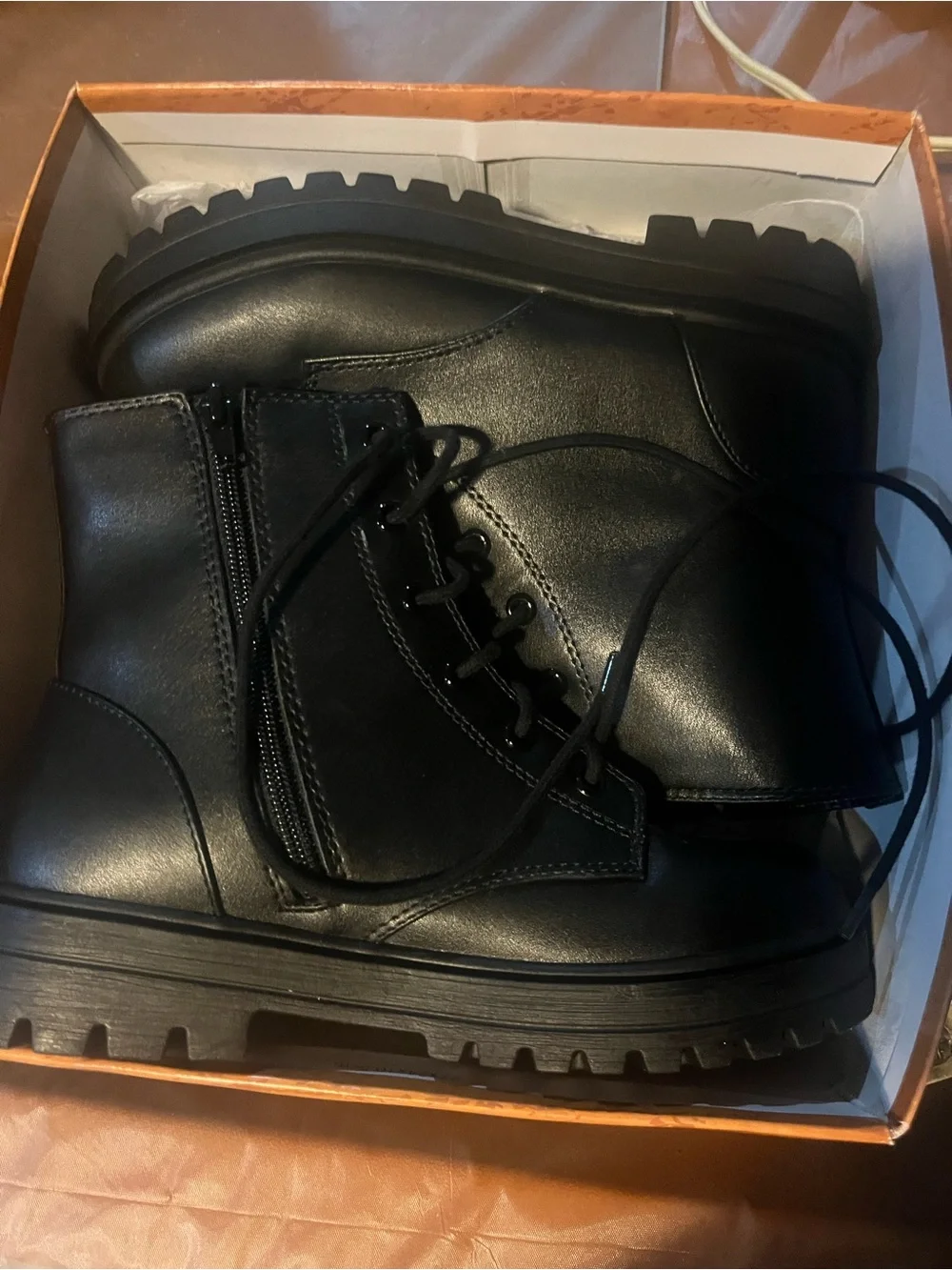 Girls Black Lace-Up Combat Boots with Side Zip